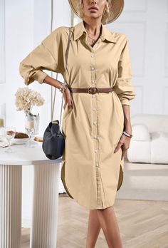 Unleash your inner fashionista with our Halia Collared Button Down Midi Shirt Dress! This dress features a sophisticated collared neckline and a button-down front, creating a chic and polished look. Perfect for any occasion, this dress is sure to turn heads with its elegant midi length and classic taupe color. Upgrade your wardrobe with our versatile and stylish Halia boyfriend shirt dress! Size Guide: Model is 5’7” tall, and has a 33.8” bust, 24.2” waist, & 35.5” hips. She is wearing a S / US 4 / AU 8. This shirt dress is true to size. Material: 100% Cotton. Feature: Collared. Long Sleeves. Midi length. Front button closures. Relaxed fit. Care Instructions: Machine wash / Cold hand wash Solid Color Collared Shirt Dress For Day Out, Solid Collared Shirt Dress For Day Out, Collared Cotton Shirt Dress In Solid Color, Chic Collared Solid Color Shirt Dress, Chic Solid Color Collared Shirt Dress, Spring Beige Shirt Dress With Placket, Solid Color Collared Shirt Dress For Office, Casual Spring Shirt Dress With Collar, Fall Collared Neckline Shirt Dress