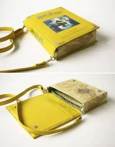 two pictures of a yellow purse with a book in the front and back, both open