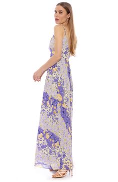 A darling rosette adds charm to a sweeping maxi dress with a full skirt for romantic styling. 60 3/4" length (size 4) Hidden back-zip closure Deep V-neck Adjustable straps Lined 100% polyester Machine wash, tumble dry Imported Full Skirt, Size 12, Size 10, Lilac, Nordstrom, V Neck, Maxi Dress, Floral