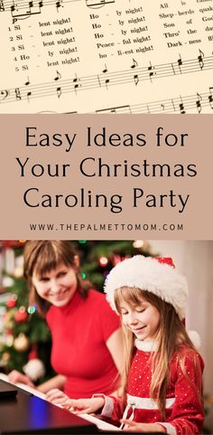 two girls in santa hats are playing music together with the words easy ideas for your christmas caroling party