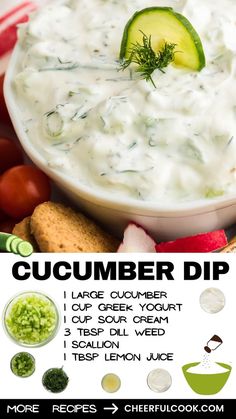 cucumber dip recipe in a bowl with ingredients around it and text overlay