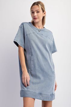 Easel Denim Tunic Dress in Washed Denim Dresses Easel Casual Washed Denim Dress With Short Sleeves, Casual Washed Blue Denim Dress With Short Sleeves, Casual Light Wash Short Sleeve Dress, Casual Short Sleeve Denim Mini Dress, Trendy Washed Short Sleeve Denim Dress, Casual Washed Blue Short Sleeve Denim Dress, Washed Short Sleeve Denim Dress, Light Wash Short Sleeve Washed Dresses, Casual Washed Mini Dress