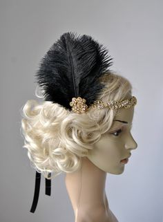 Beautiful Vintage Style, Great Gatsby inspirated design - flapper rhinestone headband. Perfect for a vintage inspired bridch e, or a 1920's wedding or Great Gatsby party. Made of - golden rhinestone headband - gold rhinestone applique - big mix of black ostrich feathers Simply adorable! Old Hollywood glam. Can be worn on the left or right side of head, it ties on with satin ribbons. Can be put down on the forehead or up on head. The feather fascinator and headband comes seperatly so you decided Adjustable Gatsby Headpiece For Costume Party, Gatsby Style Headband For Evening, Gatsby Style Evening Headband Headpiece, Adjustable Gatsby Style Headband, Adjustable Gatsby Evening Headpiece, Gatsby Style Evening Headband, Adjustable Gatsby Style Costume Hats For Evening, Adjustable Gatsby Style Evening Costume Hat, Gatsby Style Headband For Vintage Events