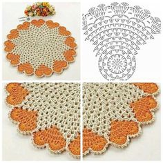 crocheted doily with orange and white designs on the bottom, in three different stages