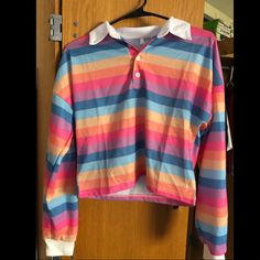 Striped Multicolored Cropped Collar Shirt. New Condition, Never Worn. Chantal Claret, Clothes Wishlist, Collar Shirt, Colorful Fashion, Collar Shirts, Christmas List, Striped Shirt, Shirt Color, Colorful Shirts