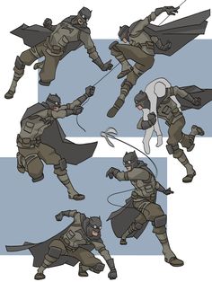 the concept art for batman's new costume is shown in three different poses, including one