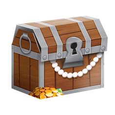 a wooden chest with a key and pearls