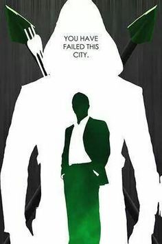 the silhouette of a man in a suit and tie standing next to a giant green arrow