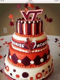 a three tiered cake decorated with red and white stripes, polka dots and hearts