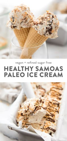 two scoops of ice cream with chocolate sprinkled on top and the words healthy samoas paleo ice cream