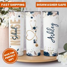 three white coffee cups with blue flowers and the words, fast shipping, dishwasher safe