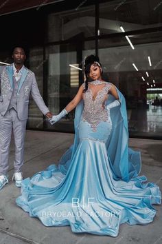 Rhinestone Sky Blue Velvet Long Train Mermaid Prom Dress features plunging neck, fit and flare long skirt with horsehair hemline, removable cape. Light Blue Prom Dresses Black Women, How To Make A Prom Dress, Disney Prom Dresses Princesses, Prom Color Ideas, Prom Dresses With Cape, Prom Dress With Cape, Cinderella Prom Dress, Prom Fits, Teal Prom Dresses