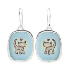 A cute little love cat! These sterling silver and enamel earrings measure about 3/4 of an inch tall and hang from solid sterling French ear wires.Each piece is cast in sterling silver, to which 3 layers of vitreous enamel are applied and fired. Finally, I apply and fire the custom screen prints made from my drawings. Adorable, durable, and unique!Look for the matching necklace:https://www.etsy.com/listing/256983571/cat-necklace-reversible-sterling-silver?ref=shop_home_active_42&frs=1Items ar Blue Cat Design Jewelry For Gift, Blue Cat Design Jewelry As Gift, Sterling Silver Cat Design Earrings For Gift, Blue Jewelry With Cat Design For Gift, Playful Silver Drop Earrings, Playful Silver Earrings, Silver Playful Earrings, Whimsical Hand Painted Silver Earrings, Playful Enamel Earrings Nickel Free