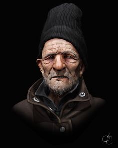 an old man wearing a black hat and jacket with his eyes wide open, staring at the camera