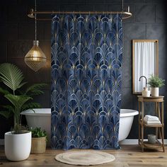 a bath room with a tub and a shower curtain