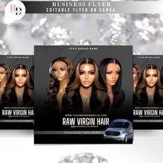 three flyers for a hair salon with diamonds in the background