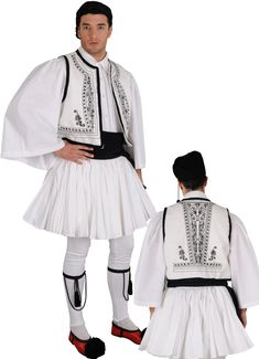 This outfit is imported from Greece and made by the premiere manufacturer of traditional Greek costumes. This traditional dancing costume is a favorite amongst dancing troupes and churches. This outfit ships direct from Greece. Please allow 1-2 weeks for arrival of outfit. This man's costume consists of waistcoat embroidered on front & back, fustanella skirt with 400 pleats, shirt, waistband, fez /headscarf, knee bands (gonatares) and elastic trousers. (Note:Tsarouchia are sold separately.) SIZE Traditional Embroidered Costume Set, Traditional Fitted White Vest, Fitted Traditional White Vest, Pleats Shirt, Greek Costume, Barbie Dress Pattern, Alt Outfits, White Vest, Traditional Clothes