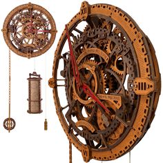 an intricate wooden clock with gears attached to it's sides and pendulums hanging from the side