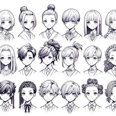 an anime character's hair styles are shown in black and white, including ponytails