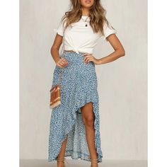 Blue Elastic Waist High Low Ruffled Floral Skirt High Waist Non-stretch Summer Skirt, Non-stretch Mini Skirt For Summer, Non-stretch Summer Mini Skirt With Ruffles, Non-stretch Tiered Maxi Skirt For Day Out, Blue Ruffled Skirt Bottoms For Summer, Flowy High-waist Maxi Skirt For Summer, Casual Long Ruffled Maxi Skirt, Casual Wrap Skirt For Summer Day Out, Flowy High Waist Summer Skirt