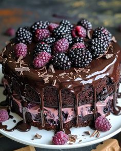 a chocolate cake with raspberries and chocolate frosting on a white platter