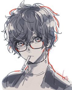 an anime character with glasses and a pen in his mouth