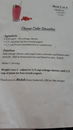 a menu listing the ingredients for a smoothie