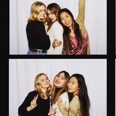 three girls posing for the camera with their arms around each other and one holding her hand up