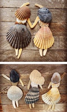 three seashells sitting on top of a wooden table next to each other in different colors