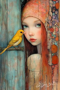 a painting of a girl with red hair and a yellow bird on her head, peeking out from behind a wooden door