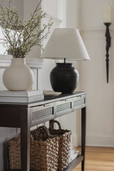 a table with two lamps and baskets on it