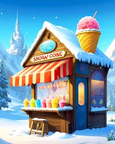 an ice cream shop in the middle of a winter wonderland with snow on the ground