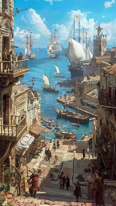 a painting of an old city with ships in the water and people walking around it