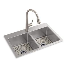 stainless steel double bowl kitchen sink with strainers and faucet in the middle