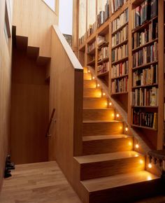 there is a stair case with many books on the shelves and lights in the room