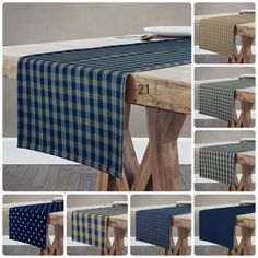 the table runner is made out of wood and has different plaid patterns on it, including blue