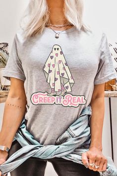 CREEP IT REAL,GHOST,HALLOWEEN UNISEX SHORT SLEEVE,GRAPHIC TEE,GRAPHIC TSHIRTS,TSHIRTS,TEES100%COTTON,HEATHER(52%COTTON,48%POLY),ATH.HEATHER,BLACK HEATHER(90%COTTON,10%POLY)NICARAGUAMade In: Nicaragua Spring Sleep T-shirt With Short Sleeves, Cute Graphic Print Sleep Tops, Cute Graphic Print Tops For Sleep, Spring Sleep T-shirt With Crew Neck, Spring Sleepwear T-shirt With Crew Neck, Trendy Halloween Tops For Loungewear, Trendy Halloween Loungewear Tops, Crew Neck Sleep Top With Graphic Print, Graphic Print Sleep Tops With Crew Neck