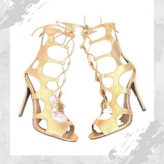 Sexy Cutee Tall Gold Gladiator Heels - Sizes - 7.5 , 8 Or 8.5 Left - Color - Metallic Gold - Material - Soft Faux Leather / Cut Out Details. - Strap Mid-Calf / Open Toe / Stiletto / Sandals / Lace Up Tied Front / Single Sole - Behind Zip For Easy Slip On / Off. - Sexy Date Night / Gladiator Heels / Perfect For Entering New Years 22’ / Midnight New Years Kiss Must Have! Includes Shoe Box | Brand New Surprise Gifts On All Single Or Bundled Orders | F Strappy Heels For Party, Strappy Heels For Parties, Fitted Strappy Heels For Party, Trendy Gold Heels For Night Out, Summer Club Heels, Fitted, Summer Club Heels Fitted, Fitted Gold Strappy Heels, Fitted Heels For Summer Clubbing, Trendy Fitted Heels For Club