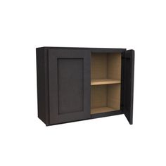 a black cabinet with two shelves and one door open