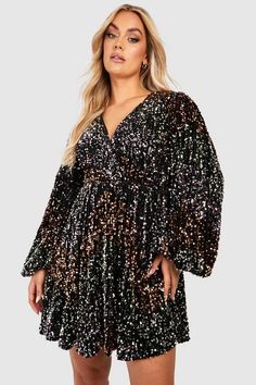 Plus Size Black Dresses, Dress For Petite Women, Big Hug, Sequin Mini, Curve Dresses, Black Wrap Dress, Flowy Skirt, Plus Dresses, Petite Dresses