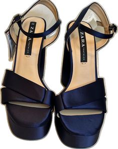 Blue Formal Wedge Sandals With Round Toe, Chic Blue Sandals For Night Out, Blue Round Toe Wedge Sandals For Formal Occasions, Blue Party Sandals With Block Heel, Blue Block Heel Sandals For Party, Formal Blue Platform Sandals, Summer Party Blue Wedge Sandals, Blue Wedge Sandals For Summer Party, Blue Ankle Strap Sandals For Evening