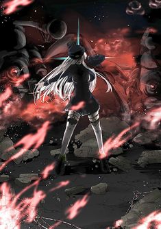 an anime character standing in the middle of a rocky area with fire coming from her