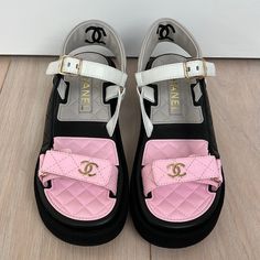 Never Worn Comes With Box And Dust Bags. Size 37 Modern Pink Leather Sandals, Designer Pink Leather Sandals, Luxury Pink Round Toe Sandals, Designer Pink Sandals With Removable Insole, Luxury Pink Sandals With Round Toe, Designer Pink Open Toe Sandals, Fluffy Ugg Slippers, Chanel Flip Flops, Prada Slippers