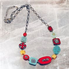 Red, Turquoise and Yellow Czech Glass Bead Necklace Handmade Multicolor Brass Beaded Necklaces, Handmade Multicolor Brass Beaded Necklace, Multicolor Round Bead Brass Necklace, Multicolor Round Beads Brass Necklace, Multicolor Brass Beaded Necklaces As Gift, Multicolor Brass Necklace With Round Beads, Bohemian Czech Glass Beaded Necklaces With Lobster Clasp, Bohemian Glass Necklace With Adjustable Chain, Bead Chain Necklace