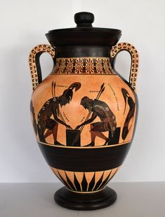 an ancient vase with two men working on it's sides and another man holding a spear