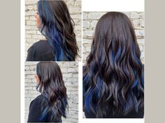 Blue Pieces In Hair, Ash Brown And Blue Hair, Midnight Blue Hair On Brown Hair, Blue Hair For Brown Hair, Dark Brown Hair With Blue Peekaboos, Dark Hair With Blue Streaks, Black And Brown Hair Ideas, Color Streaks In Brown Hair Underneath, Blue Color Hair Highlights