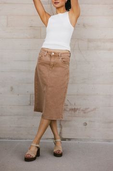 Jordan Denim Skirt in Tan Handkerchief Skirt, Watch Pocket, Fall Clothes, Cargo Skirt, Asymmetrical Skirt, Tie Blouse, Waist Length, Workout Tops, Floral Skirt