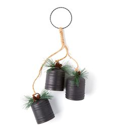 two tin canisters with pine cones and twine hanging from the top on a white background