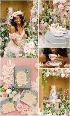 a collage of photos with pink flowers and teacups on top of them