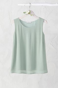 The ideal top to dress up or down, now made easy in crinkled gauze – a beautiful layering piece for adding your own special touch. Lightweight with easy drape and bust darts. | Women's Best Night Out Tank Top - Frosted Thyme - PL - Petite Size Summer Solid Blouse With Crinkle Texture, Summer Tops With Crinkle Texture For Daywear, Spring Green Tops With Crinkle Texture, Summer Crinkle Texture Top For Daywear, Green Crinkle Texture Tops For Spring, Green Crinkle Texture Top For Spring, Elegant Summer Top With Crinkle Texture, Flowy Crinkle Texture Spring Tops, Elegant Summer Tops With Crinkle Texture